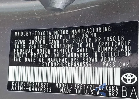 2019 Toyota Corolla Le z USA, uszkodzony, nr VIN 5YFBURHE5KP890554